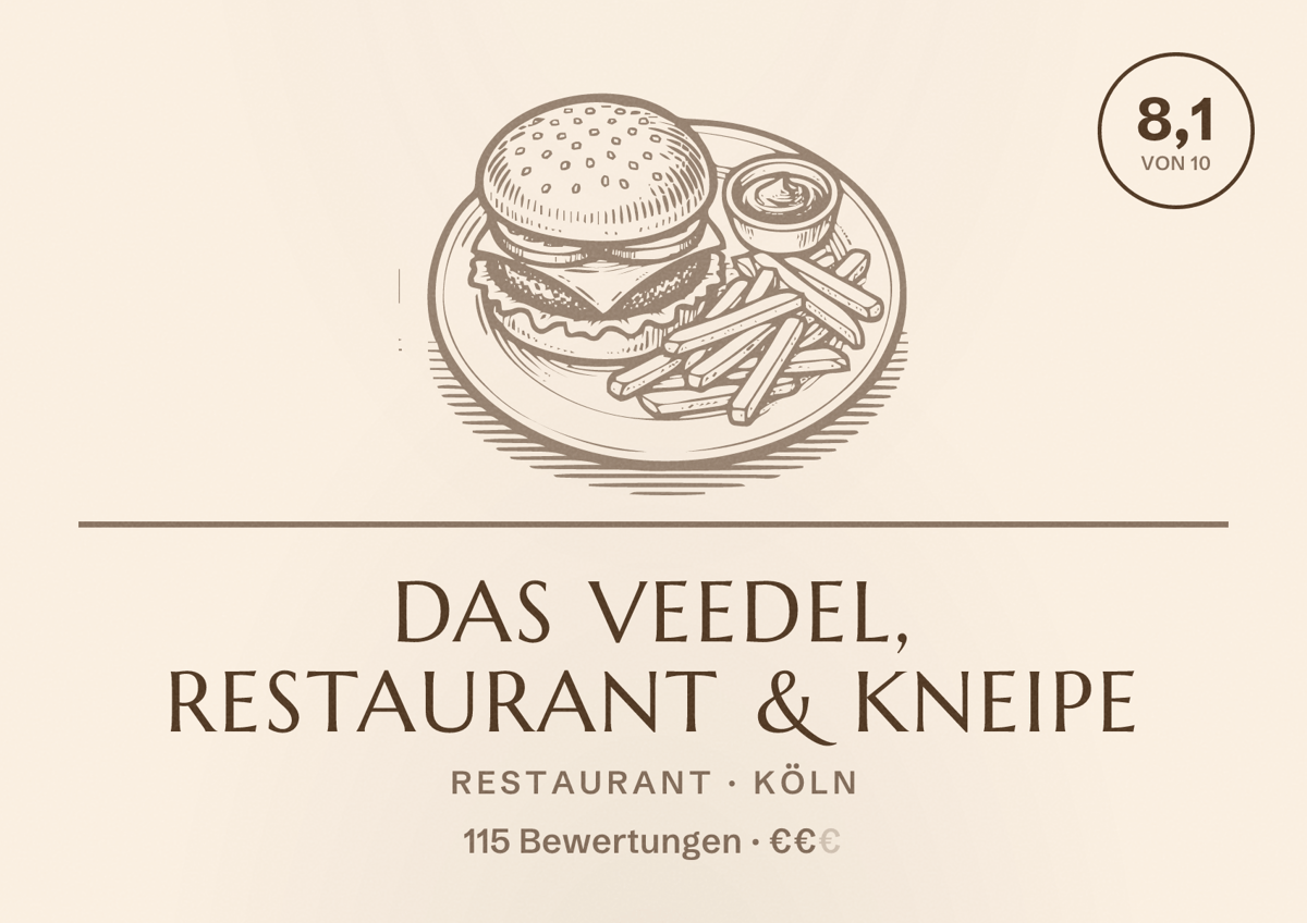 Illustriertes Poster von Das Veedel, Restaurant & Kneipe, Restaurant in Köln: Bewertung 8,1 von 10 aus 115 Bewertungen, Preisniveau €€