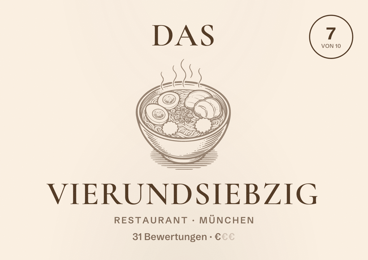 Illustriertes Poster von Das Vierundsiebzig, Restaurant in München: Bewertung 7,0 von 10 aus 31 Bewertungen, Preisniveau €