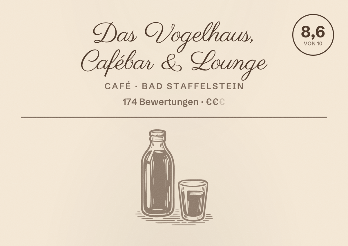Illustriertes Poster von Das Vogelhaus, Cafébar & Lounge, Café in Bad Staffelstein: Bewertung 8,6 von 10 aus 174 Bewertungen, Preisniveau €€