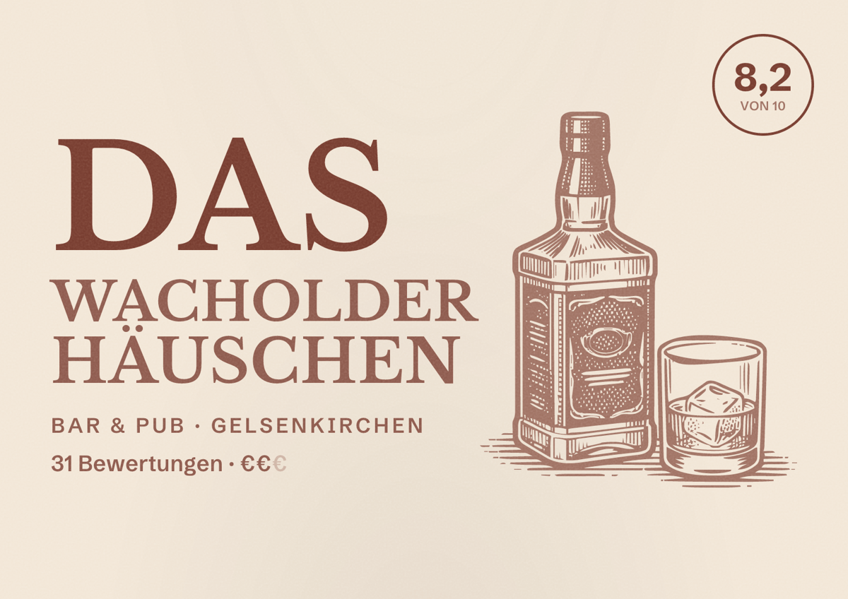 Illustriertes Poster von Das Wacholder Häuschen, Bar & Pub in Gelsenkirchen: Bewertung 8,2 von 10 aus 31 Bewertungen, Preisniveau €€