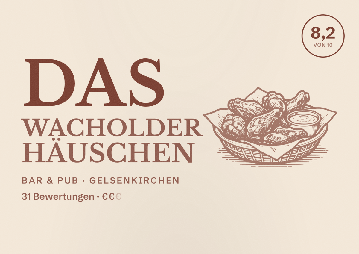 Illustriertes Poster von Das Wacholder Häuschen, Bar & Pub in Gelsenkirchen: Bewertung 8,2 von 10 aus 31 Bewertungen, Preisniveau €€