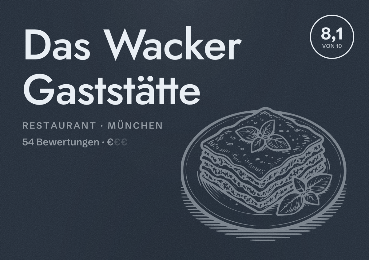 Illustriertes Poster von Das Wacker Gaststätte, Restaurant in München: Bewertung 8,1 von 10 aus 54 Bewertungen, Preisniveau €