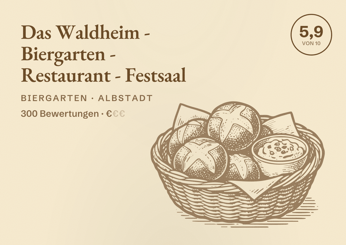 Illustriertes Poster von Das Waldheim - Biergarten - Restaurant - Festsaal, Biergarten in Albstadt: Bewertung 5,9 von 10 aus 300 Bewertungen, Preisniveau €