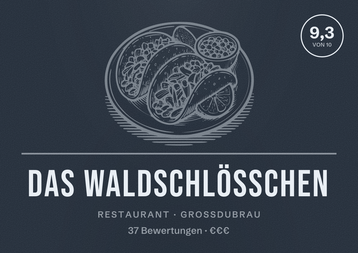 Illustriertes Poster von Das Waldschlösschen, Restaurant in Großdubrau: Bewertung 9,3 von 10 aus 37 Bewertungen, Preisniveau €€€