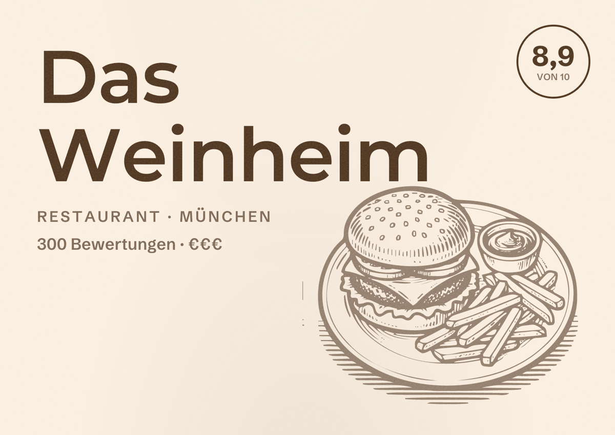 Illustriertes Poster von Das Weinheim, Restaurant in München: Bewertung 8,9 von 10 aus 300 Bewertungen, Preisniveau €€€