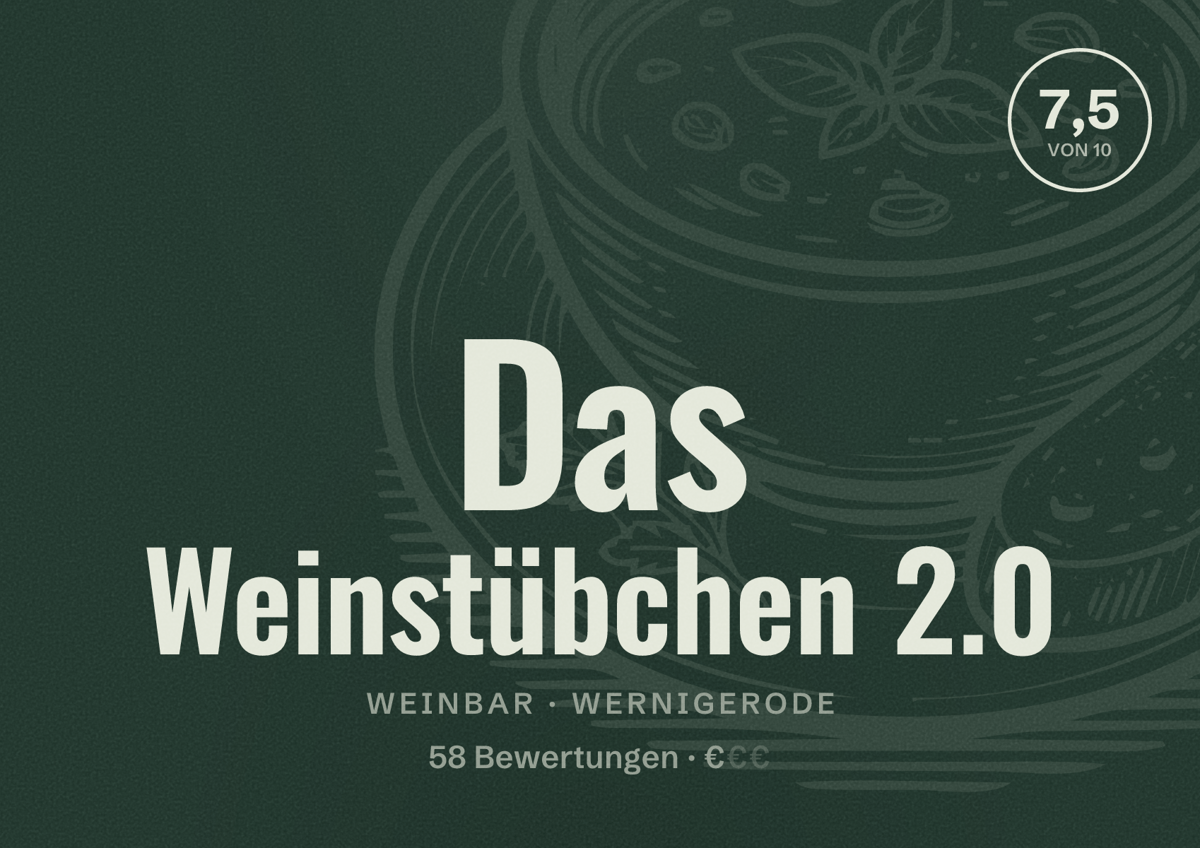 Illustriertes Poster von Das Weinstübchen 2.0, Weinbar in Wernigerode: Bewertung 7,5 von 10 aus 58 Bewertungen, Preisniveau €