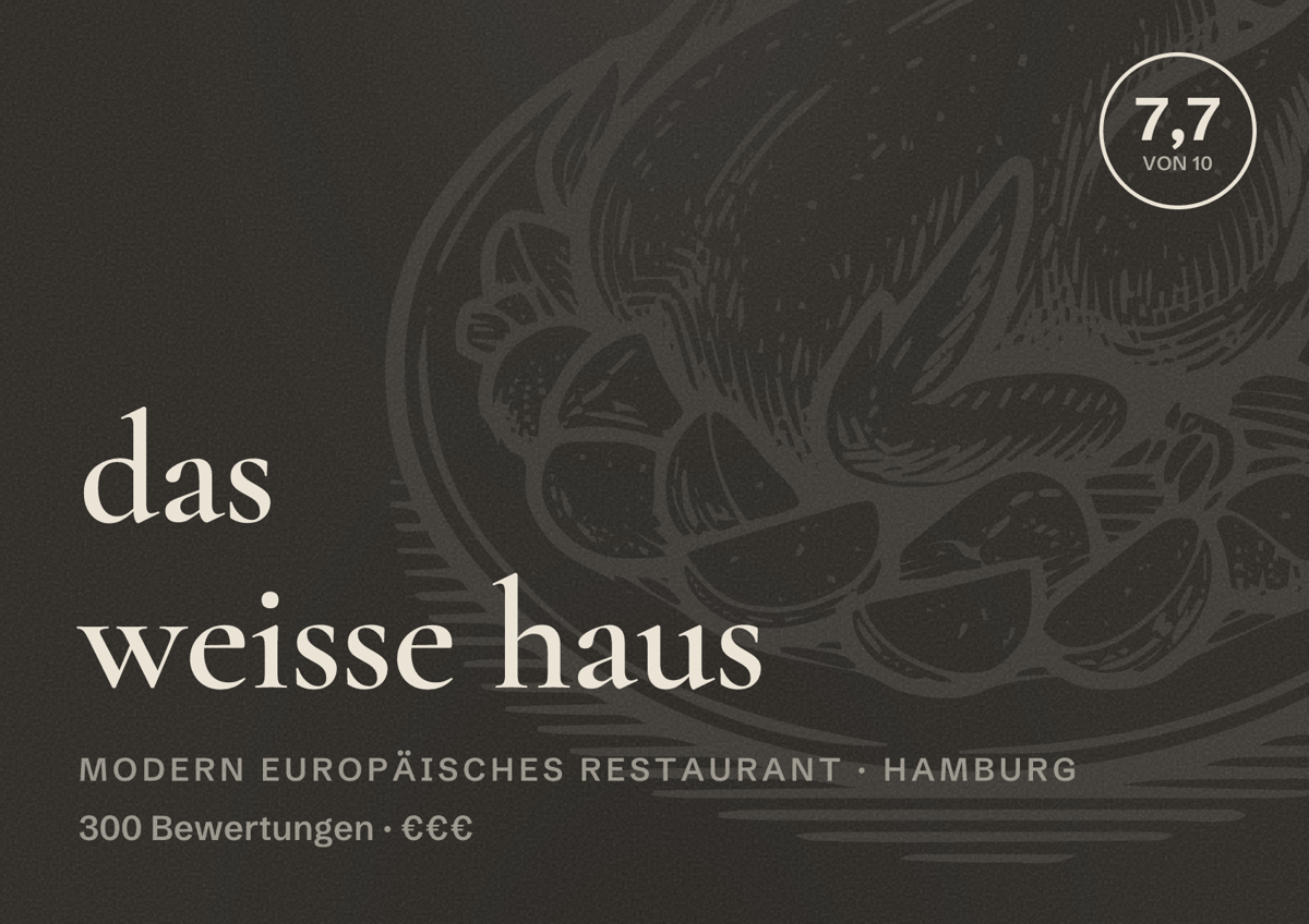 Illustriertes Poster von das weisse haus, Modern europäisches Restaurant in Hamburg: Bewertung 7,7 von 10 aus 300 Bewertungen, Preisniveau €€€