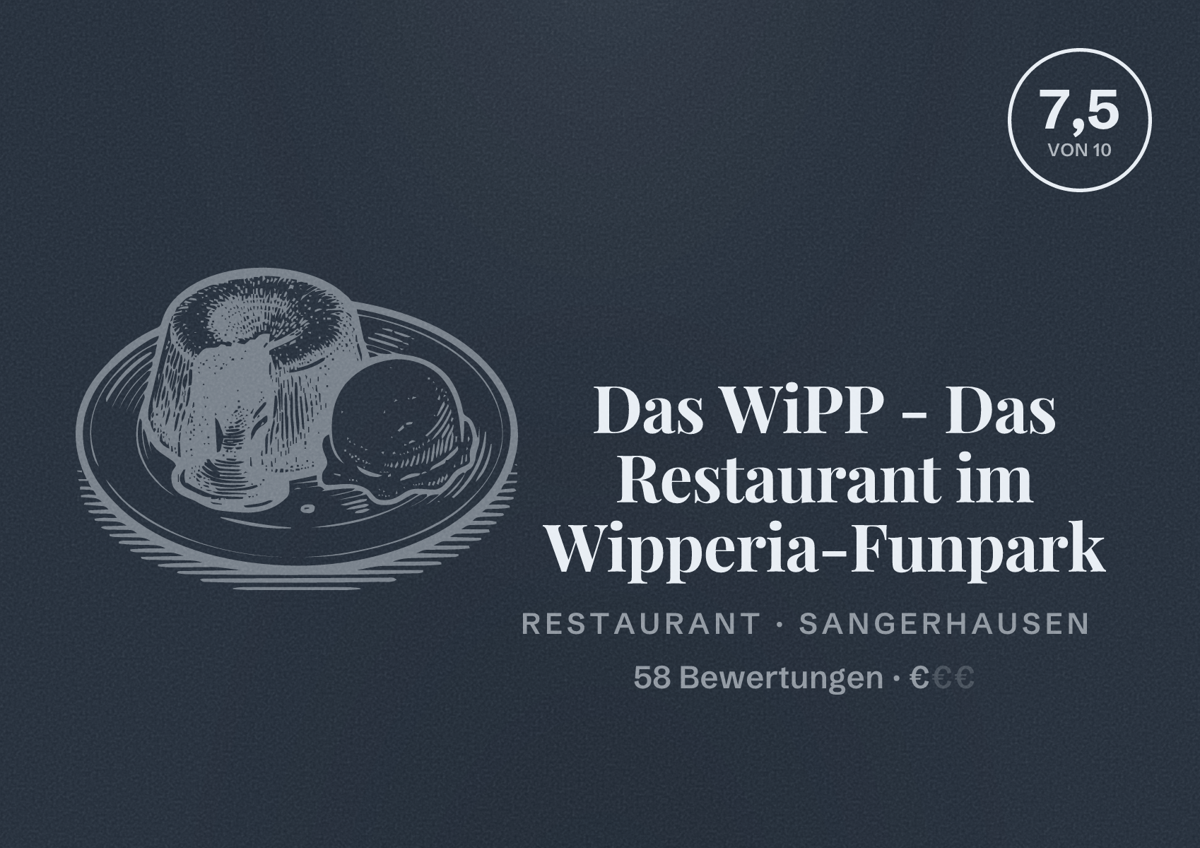Illustriertes Poster von Das WiPP - Das Restaurant im Wipperia-Funpark, Restaurant in Sangerhausen: Bewertung 7,5 von 10 aus 58 Bewertungen, Preisniveau €