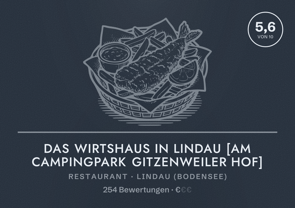 Illustriertes Poster von Das Wirtshaus in Lindau [am Campingpark Gitzenweiler Hof], Restaurant in Lindau (Bodensee): Bewertung 5,6 von 10 aus 254 Bewertungen, Preisniveau €