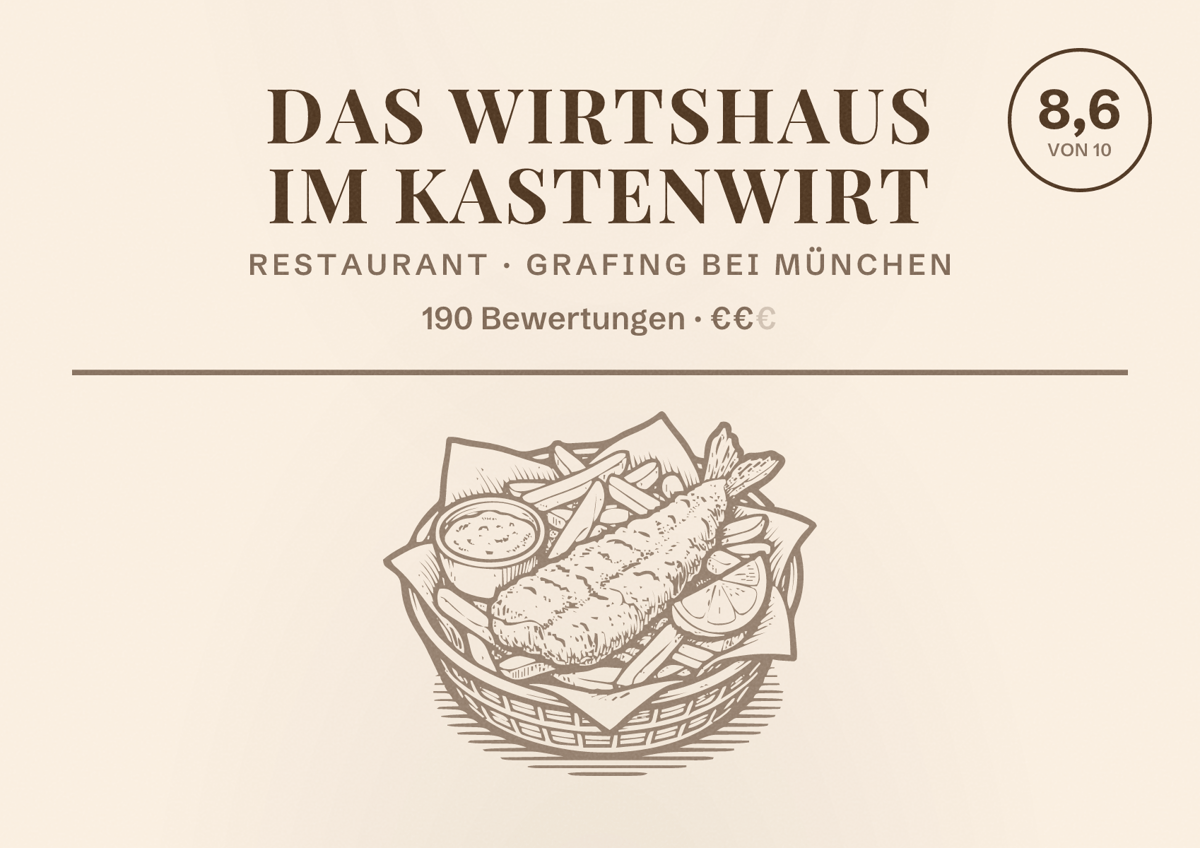 Illustriertes Poster von Das Wirtshaus im Kastenwirt, Restaurant in Grafing bei München: Bewertung 8,6 von 10 aus 190 Bewertungen, Preisniveau €€