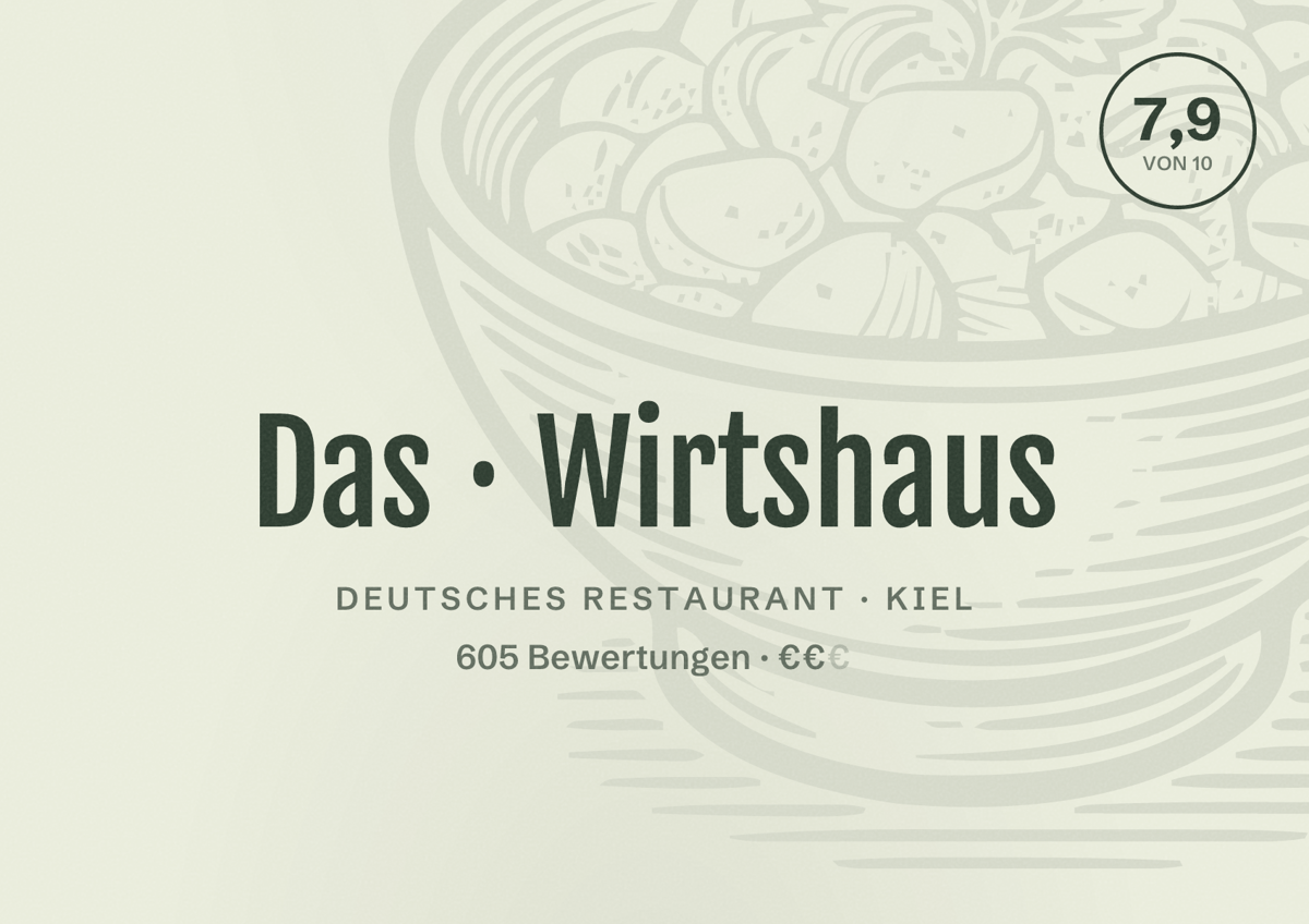 Illustriertes Poster von Das Wirtshaus, Deutsches Restaurant in Kiel: Bewertung 7,9 von 10 aus 605 Bewertungen, Preisniveau €€