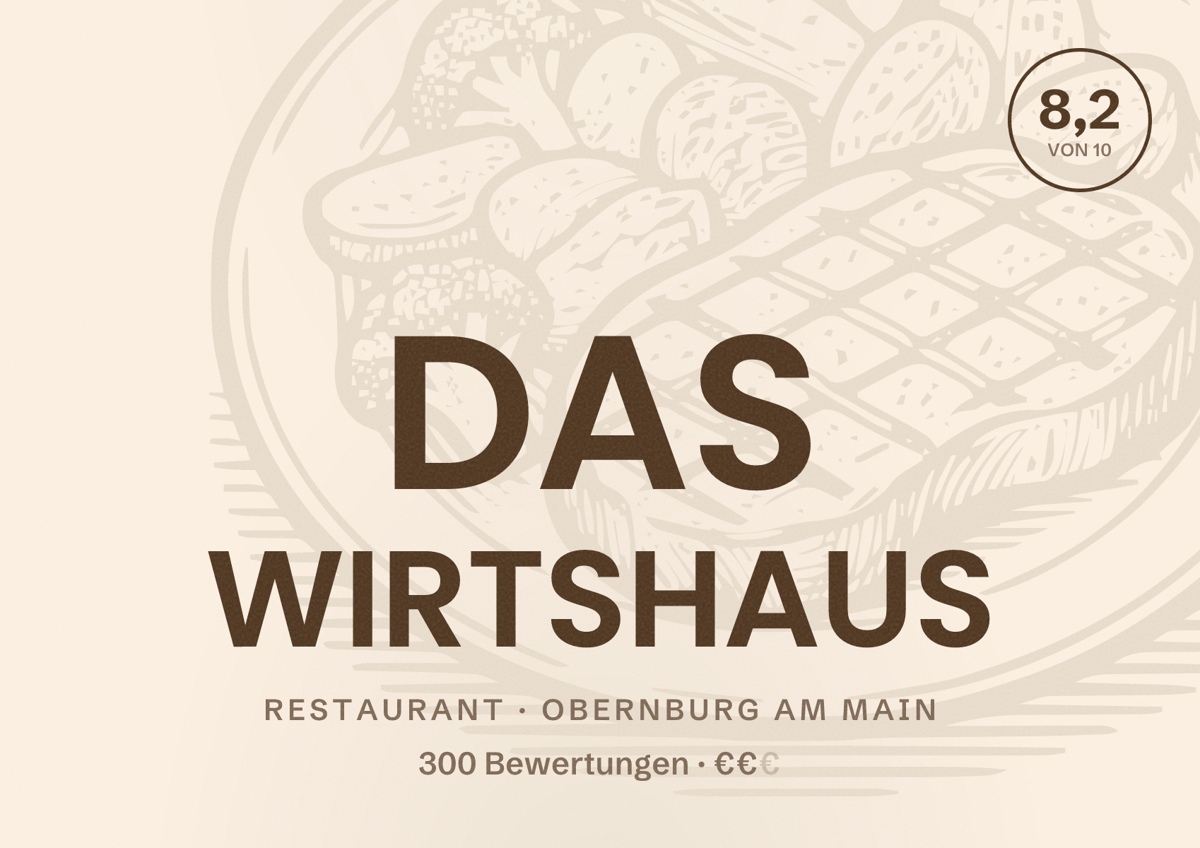 Illustriertes Poster von DAS WIRTSHAUS, Restaurant in Obernburg am Main: Bewertung 8,2 von 10 aus 300 Bewertungen, Preisniveau €€