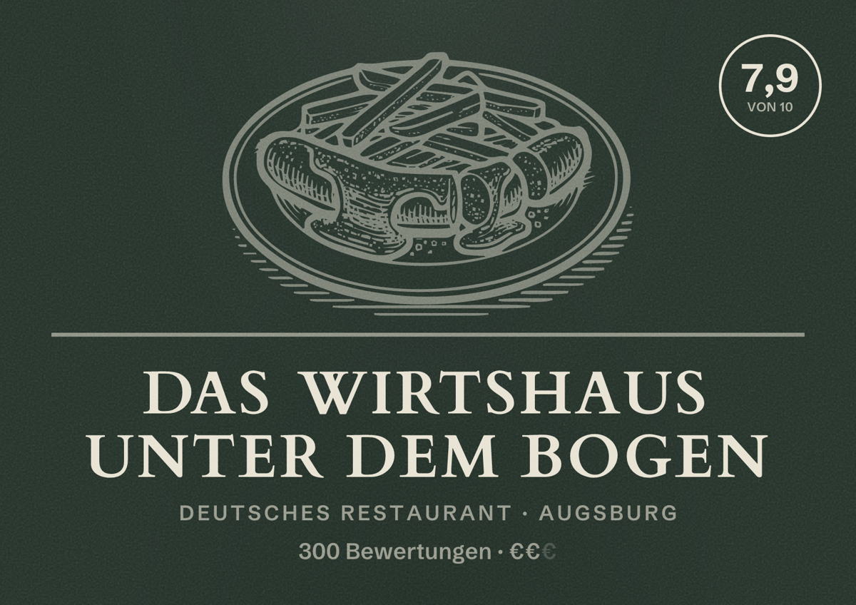 Illustriertes Poster von Das Wirtshaus unter dem Bogen, Deutsches Restaurant in Augsburg: Bewertung 7,9 von 10 aus 300 Bewertungen, Preisniveau €€