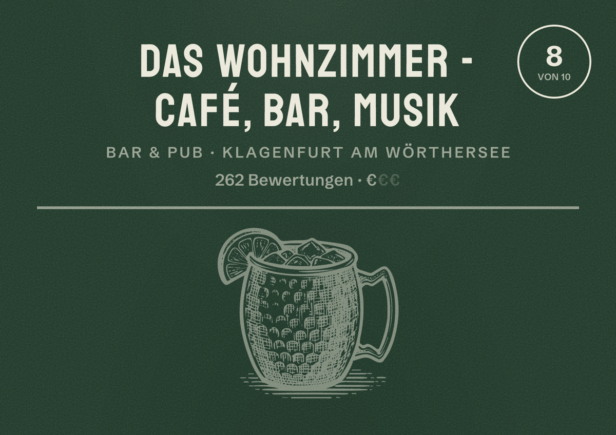 Illustriertes Poster von Das Wohnzimmer - Café, Bar, Musik, Bar & Pub in Klagenfurt am Wörthersee: Bewertung 8 von 10 aus 262 Bewertungen, Preisniveau €