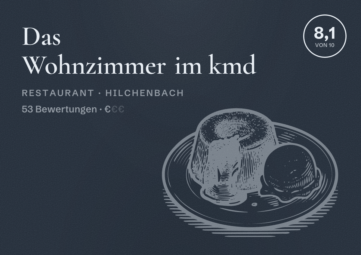 Illustriertes Poster von Das Wohnzimmer im kmd, Restaurant in Hilchenbach: Bewertung 8,1 von 10 aus 53 Bewertungen, Preisniveau €
