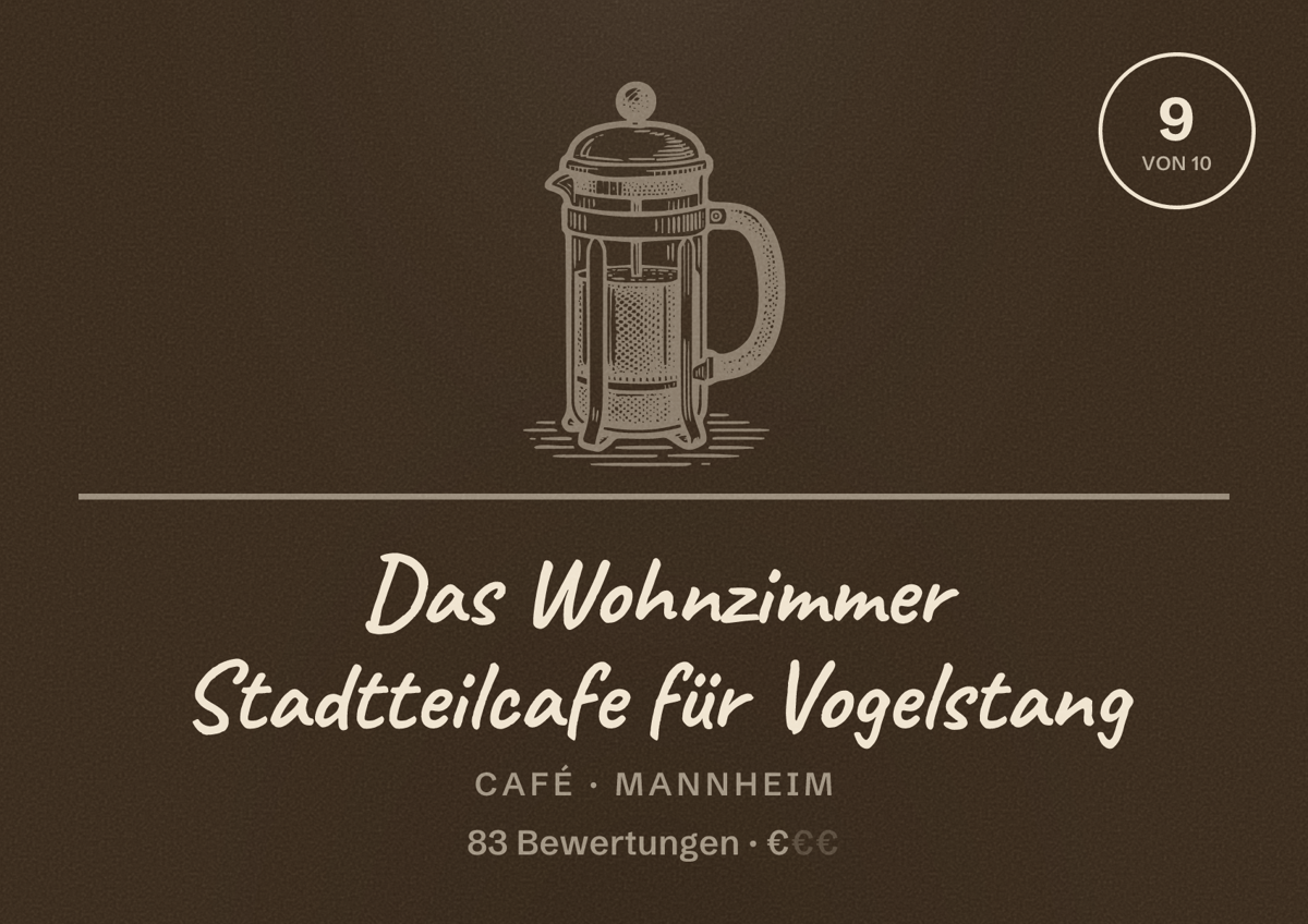 Illustriertes Poster von Das Wohnzimmer Stadtteilcafe für Vogelstang, Café in Mannheim: Bewertung 9 von 10 aus 83 Bewertungen, Preisniveau €