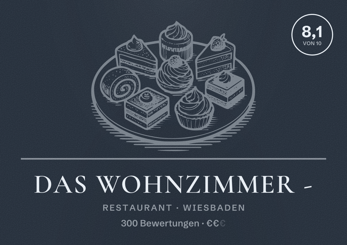Illustriertes Poster von Das Wohnzimmer -, Restaurant in Wiesbaden: Bewertung 8,1 von 10 aus 300 Bewertungen, Preisniveau €€