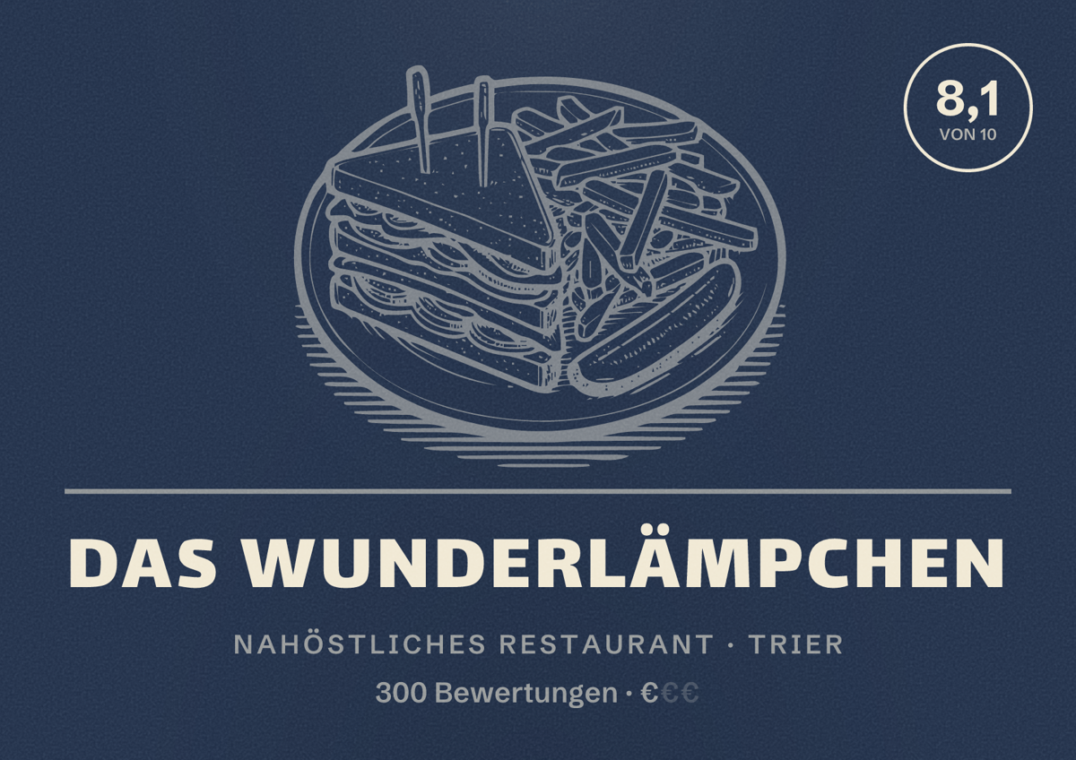 Illustriertes Poster von Das Wunderlämpchen, Nahöstliches Restaurant in Trier: Bewertung 8,1 von 10 aus 300 Bewertungen, Preisniveau €