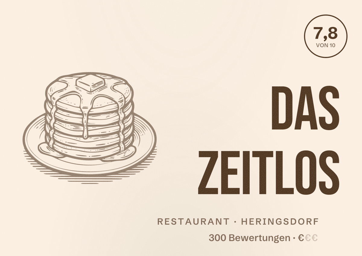 Illustriertes Poster von Das Zeitlos, Restaurant in Heringsdorf: Bewertung 7,8 von 10 aus 300 Bewertungen, Preisniveau €