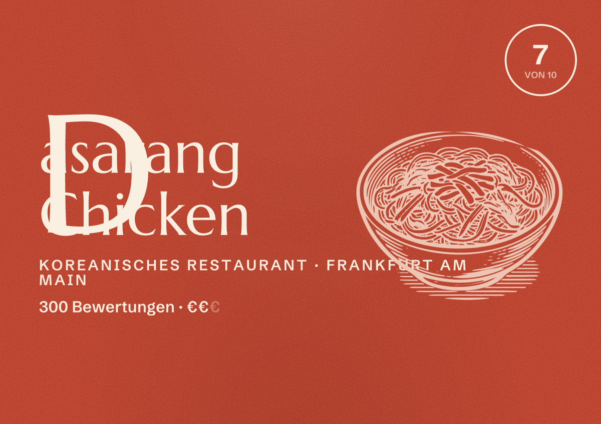 Illustriertes Poster von Dasarang Chicken, Koreanisches Restaurant in Frankfurt am Main: Bewertung 7,0 von 10 aus 300 Bewertungen, Preisniveau €€