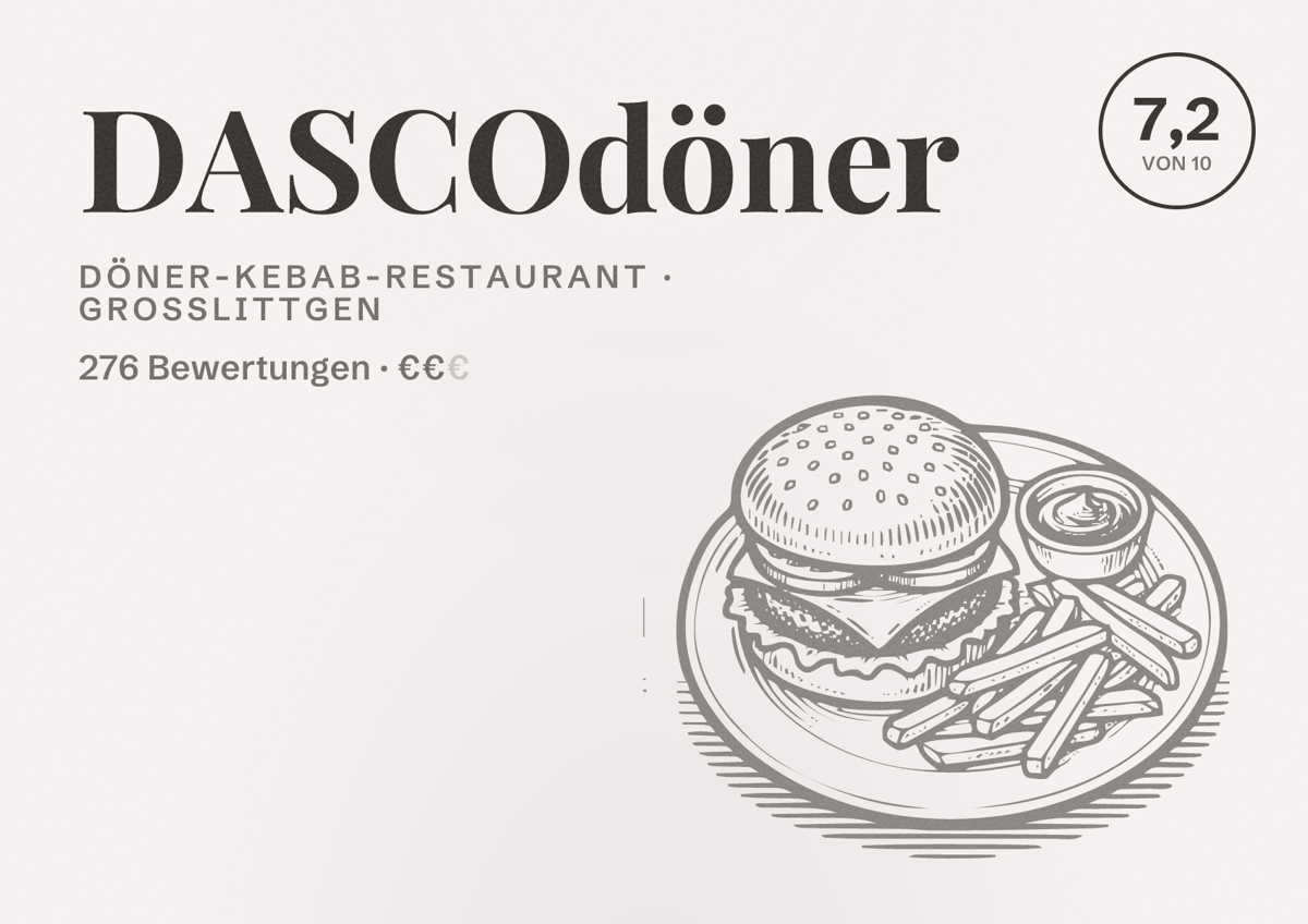 Illustriertes Poster von DASCOdöner, Döner-Kebab-Restaurant in Großlittgen: Bewertung 7,2 von 10 aus 276 Bewertungen, Preisniveau €€