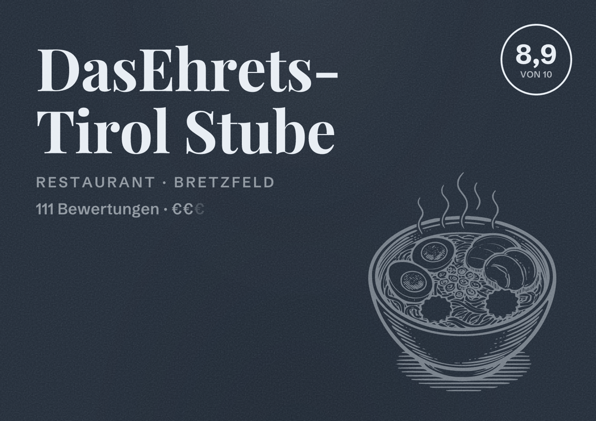 Illustriertes Poster von DasEhrets- Tirol Stube, Restaurant in Bretzfeld: Bewertung 8,9 von 10 aus 111 Bewertungen, Preisniveau €€