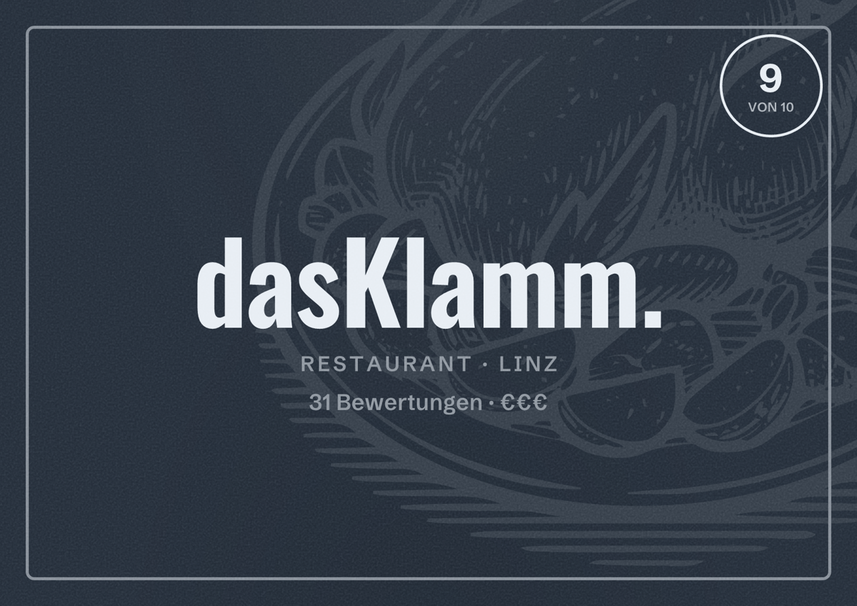 Illustriertes Poster von dasKlamm., Restaurant in Linz: Bewertung 9 von 10 aus 31 Bewertungen, Preisniveau €€€