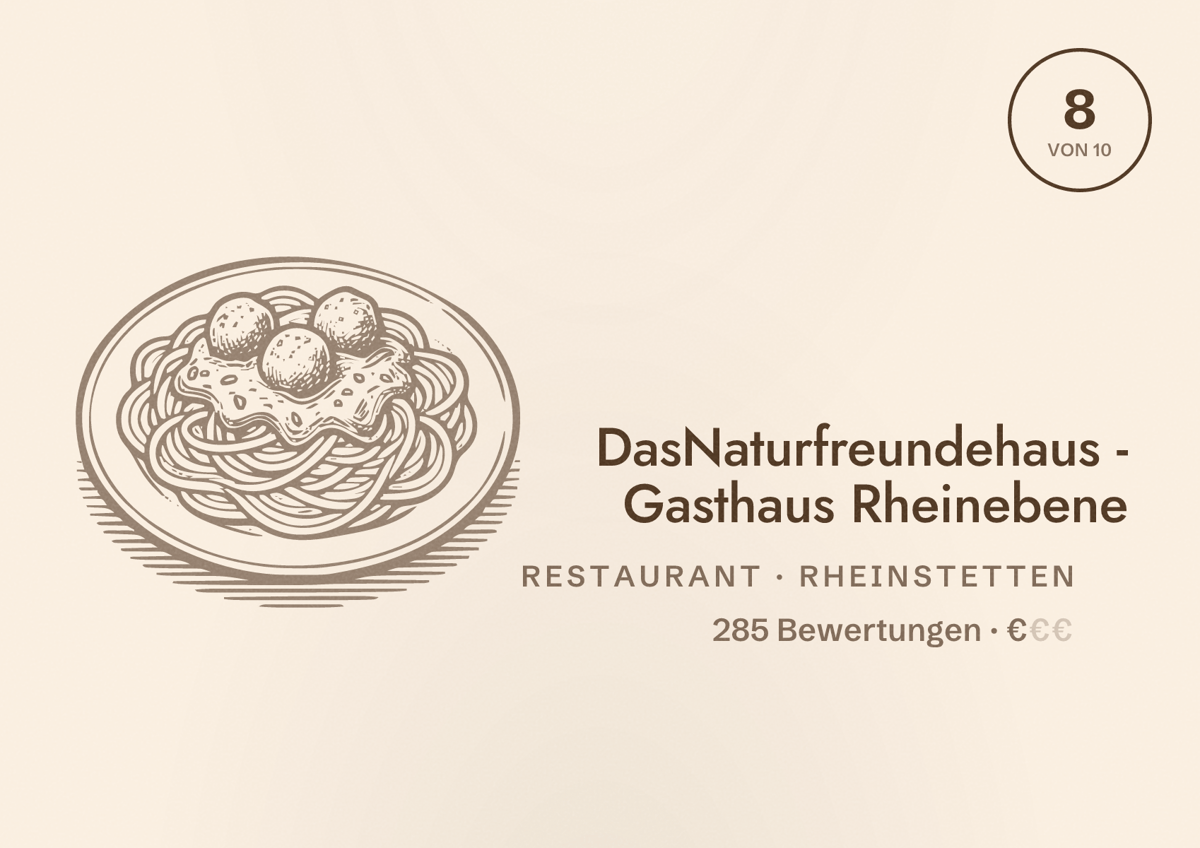 Illustriertes Poster von DasNaturfreundehaus - Gasthaus Rheinebene, Restaurant in Rheinstetten: Bewertung 8 von 10 aus 285 Bewertungen, Preisniveau €