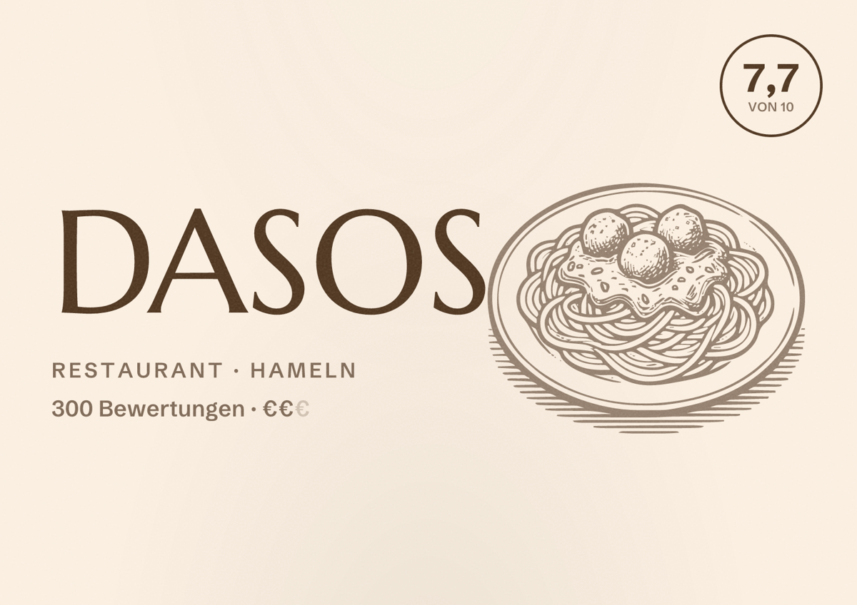 Illustriertes Poster von DASOS, Restaurant in Hameln: Bewertung 7,7 von 10 aus 300 Bewertungen, Preisniveau €€