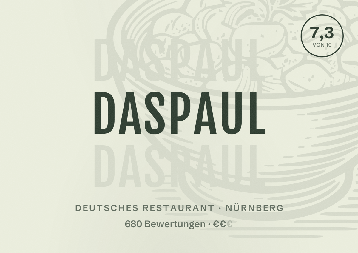 Illustriertes Poster von dasPaul, Deutsches Restaurant in Nürnberg: Bewertung 7,3 von 10 aus 680 Bewertungen, Preisniveau €€