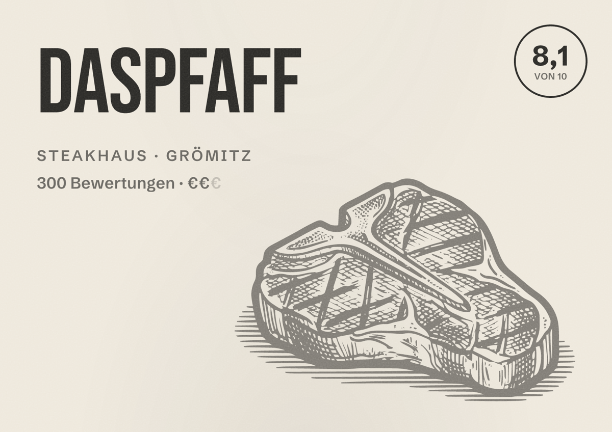 Illustriertes Poster von dasPfaff, Steakhaus in Grömitz: Bewertung 8,1 von 10 aus 300 Bewertungen, Preisniveau €€