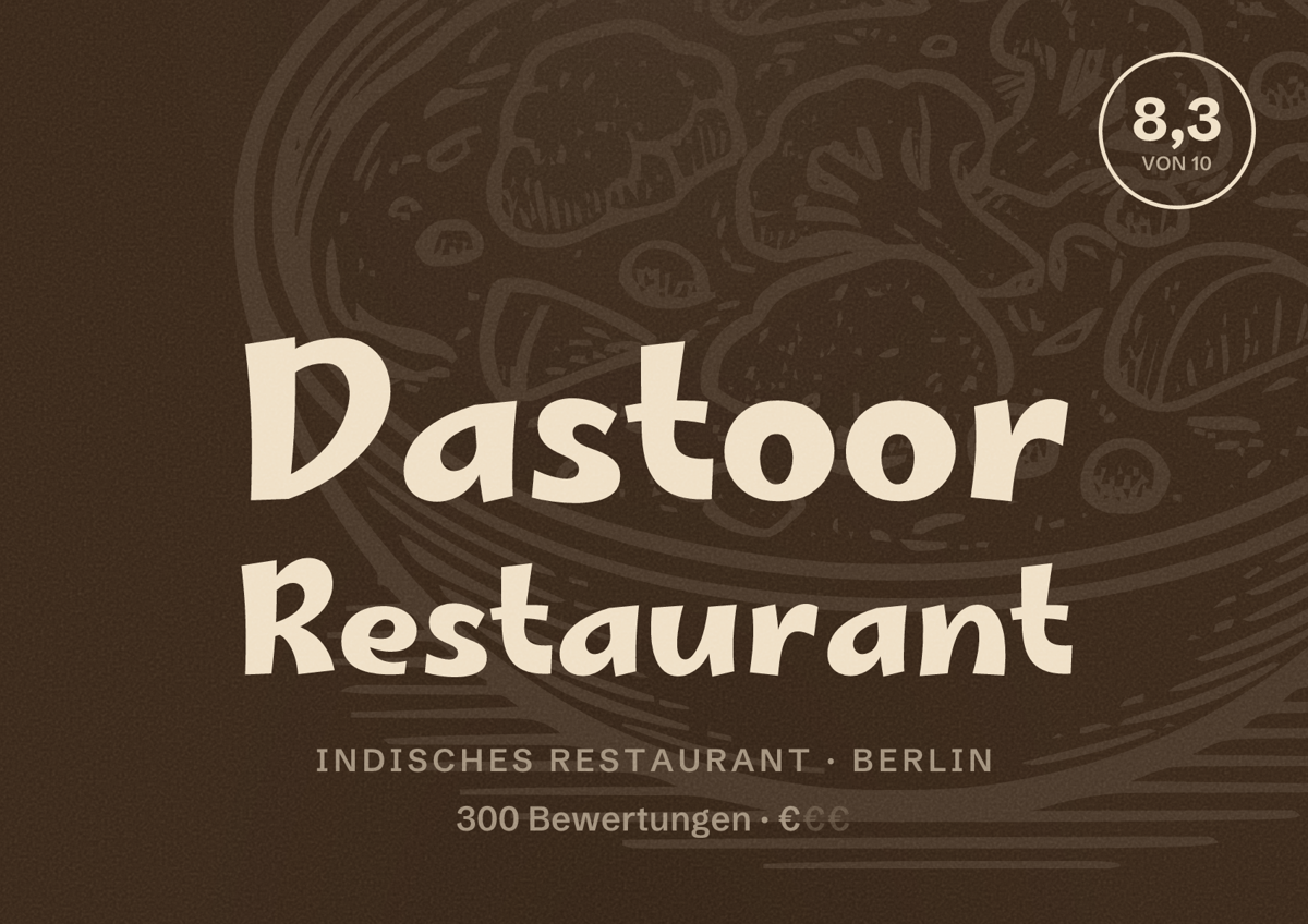 Illustriertes Poster von Dastoor Restaurant, Indisches Restaurant in Berlin: Bewertung 8,3 von 10 aus 300 Bewertungen, Preisniveau €