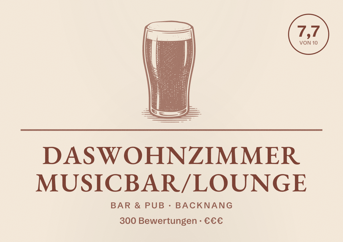 Illustriertes Poster von dasWohnzimmer musicbar/lounge, Bar & Pub in Backnang: Bewertung 7,7 von 10 aus 300 Bewertungen, Preisniveau €€€