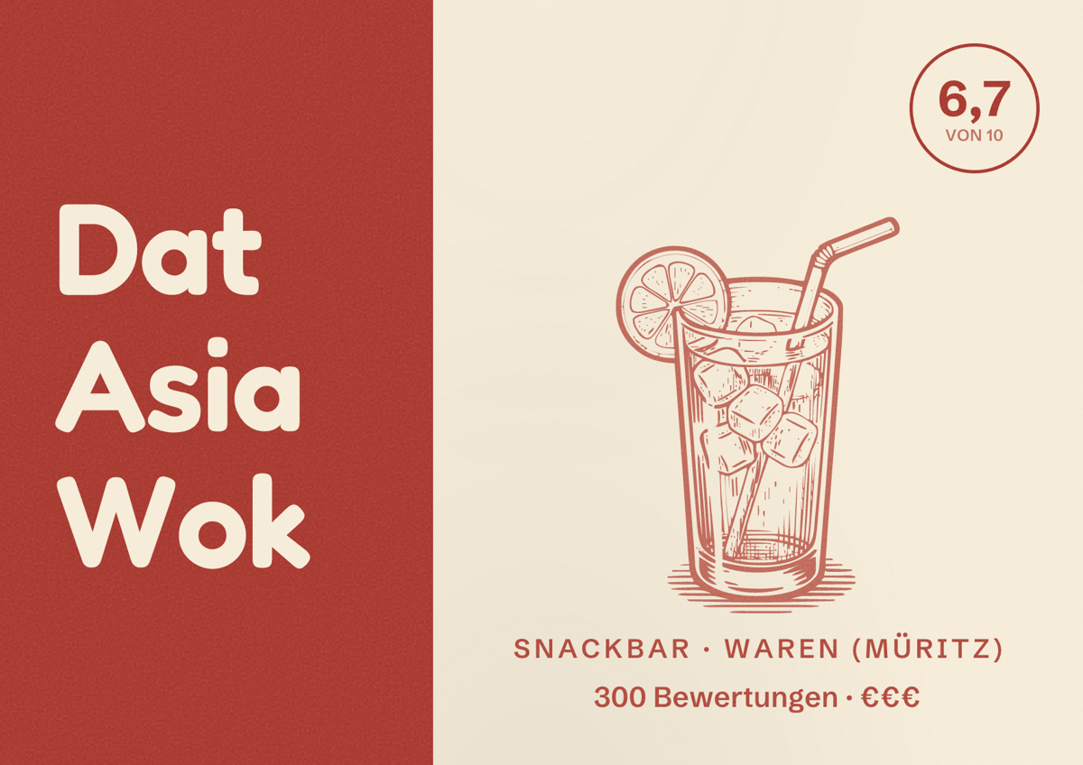 Illustriertes Poster von Dat Asia Wok, Snackbar in Waren (Müritz): Bewertung 6,7 von 10 aus 300 Bewertungen, Preisniveau €€€