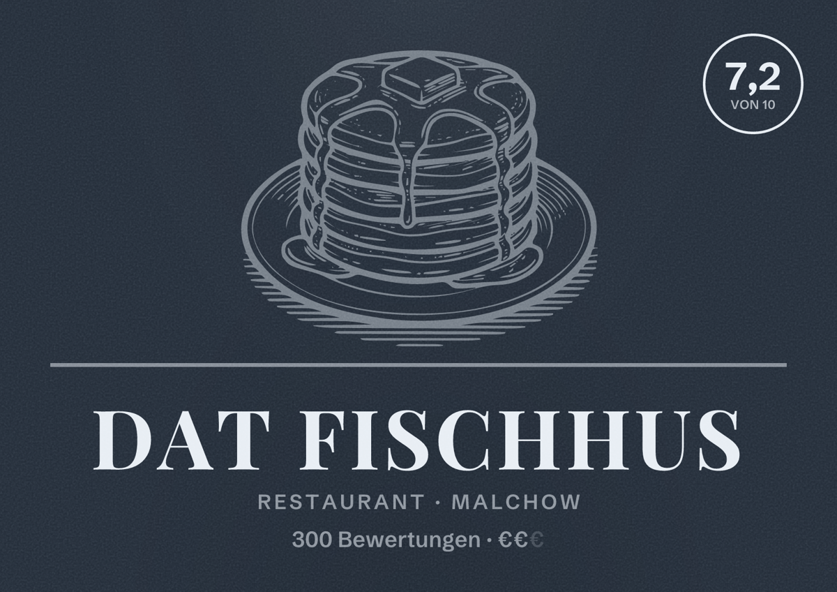 Illustriertes Poster von Dat Fischhus, Restaurant in Malchow: Bewertung 7,2 von 10 aus 300 Bewertungen, Preisniveau €€