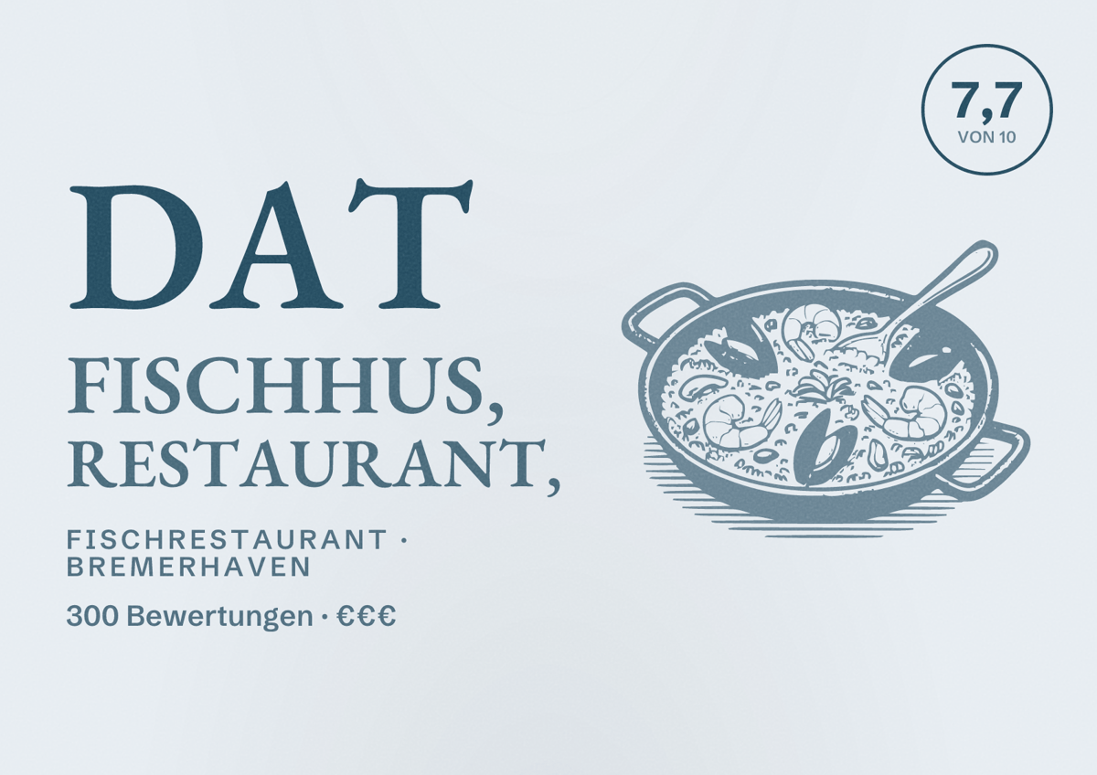 Illustriertes Poster von Dat Fischhus, Restaurant,, Fischrestaurant in Bremerhaven: Bewertung 7,7 von 10 aus 300 Bewertungen, Preisniveau €€€