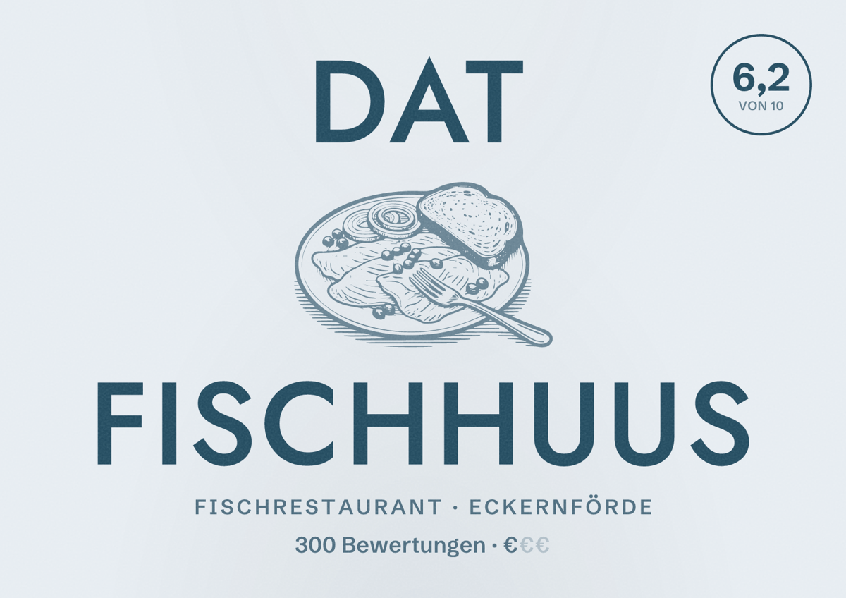 Illustriertes Poster von Dat Fischhuus, Fischrestaurant in Eckernförde: Bewertung 6,2 von 10 aus 300 Bewertungen, Preisniveau €