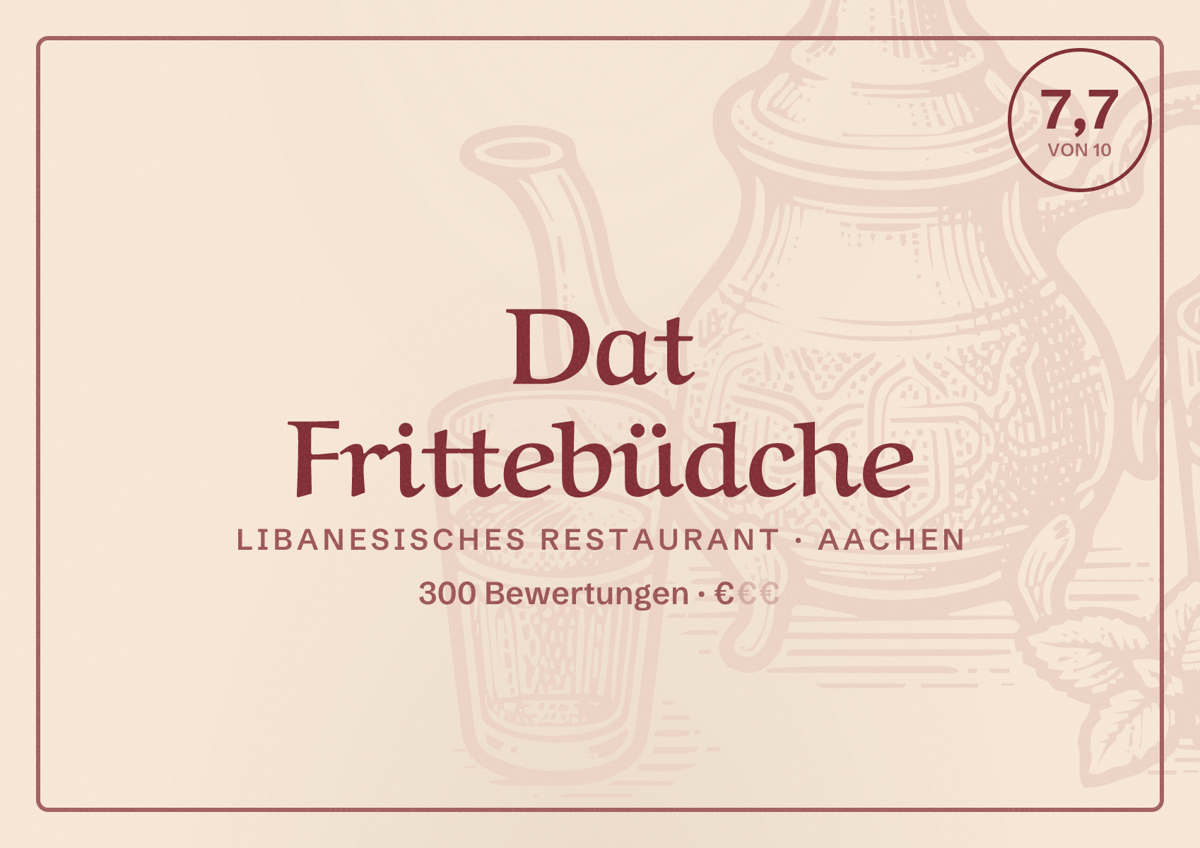 Illustriertes Poster von Dat Frittebüdche, Libanesisches Restaurant in Aachen: Bewertung 7,7 von 10 aus 300 Bewertungen, Preisniveau €