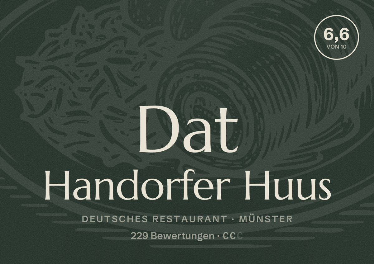 Illustriertes Poster von Dat Handorfer Huus, Deutsches Restaurant in Münster: Bewertung 6,6 von 10 aus 229 Bewertungen, Preisniveau €€