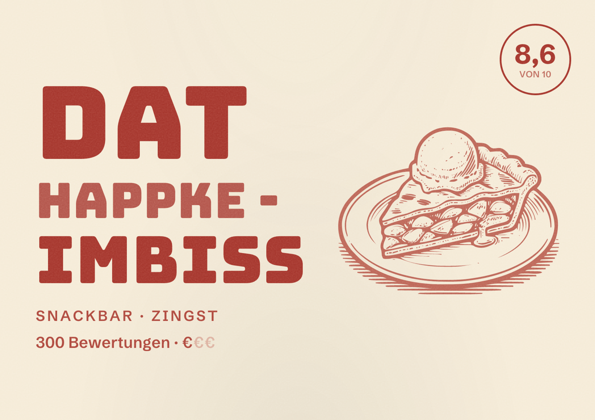 Illustriertes Poster von Dat Happke - Imbiss, Snackbar in Zingst: Bewertung 8,6 von 10 aus 300 Bewertungen, Preisniveau €