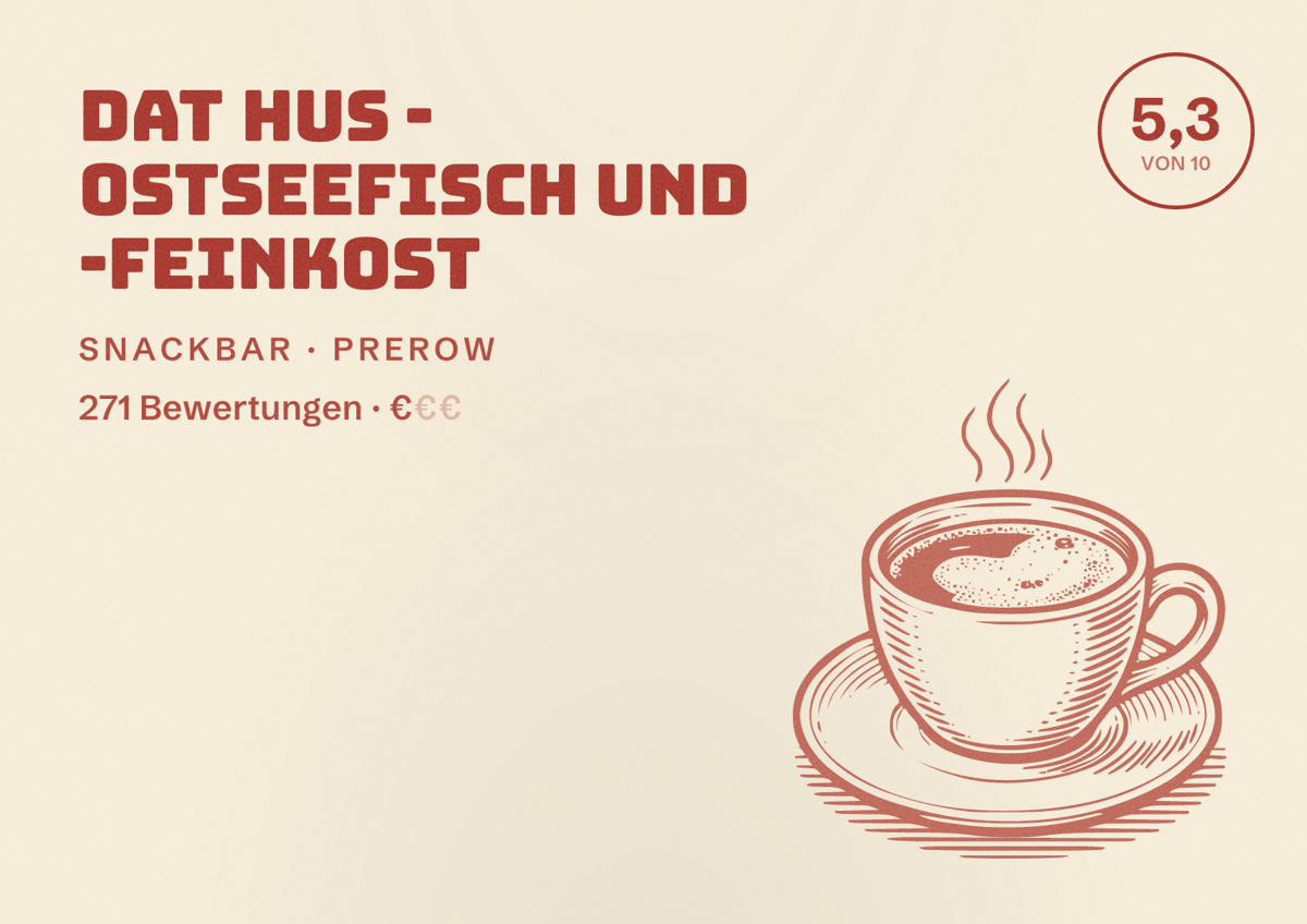 Illustriertes Poster von Dat Hus - Ostseefisch und -Feinkost, Snackbar in Prerow: Bewertung 5,3 von 10 aus 271 Bewertungen, Preisniveau €