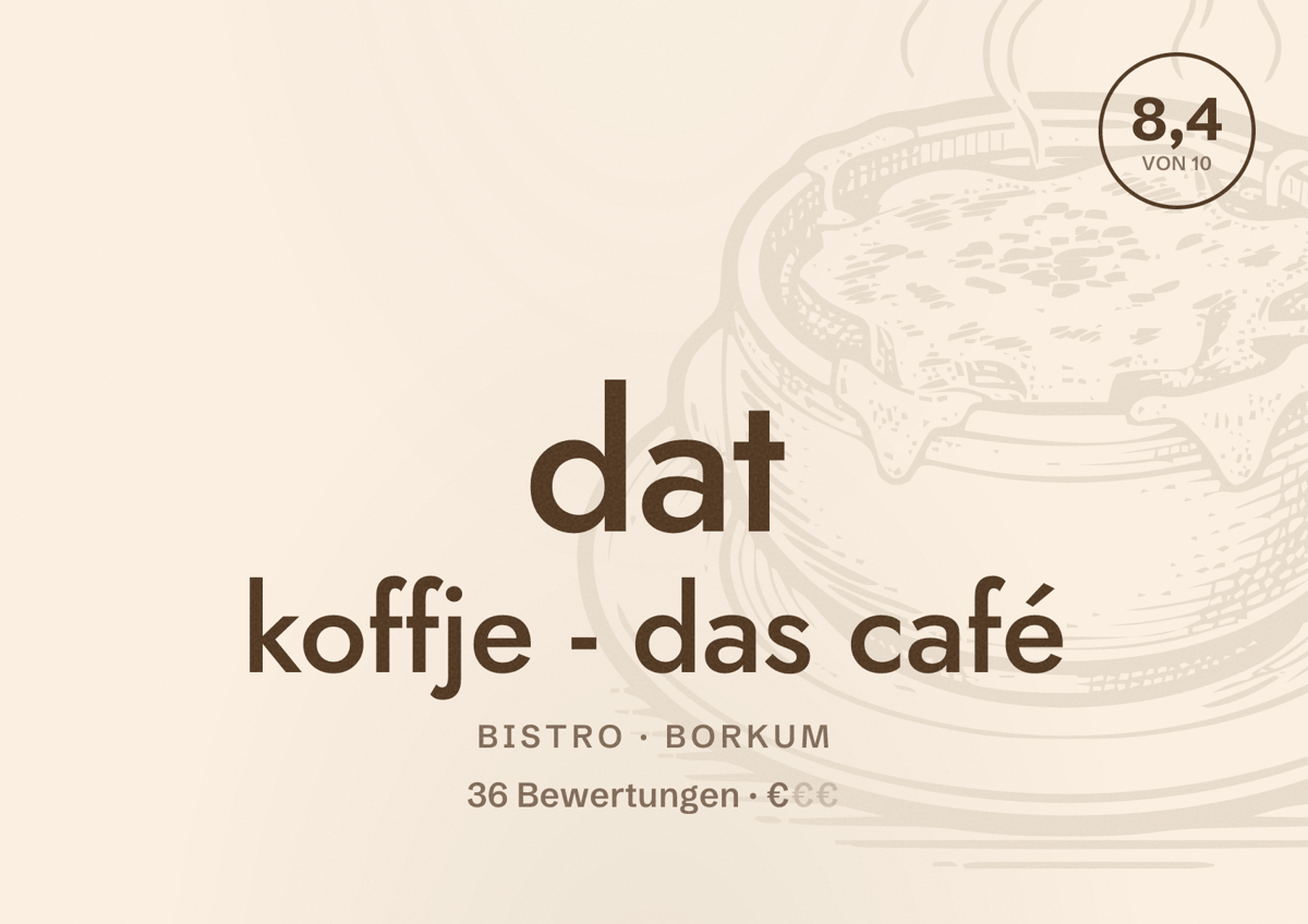 Illustriertes Poster von dat koffje - das café, Bistro in Borkum: Bewertung 8,4 von 10 aus 36 Bewertungen, Preisniveau €