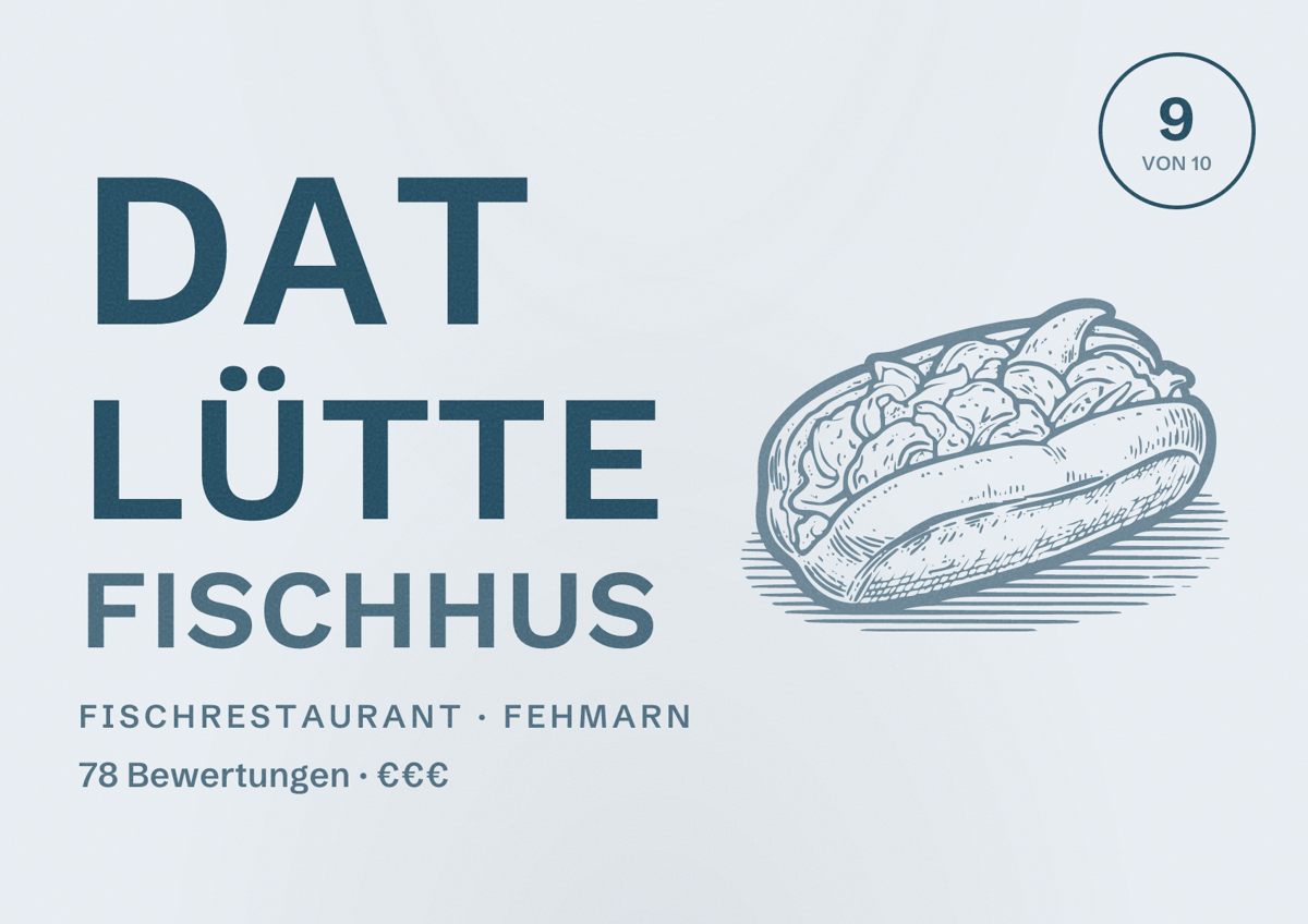 Illustriertes Poster von Dat Lütte Fischhus, Fischrestaurant in Fehmarn: Bewertung 9 von 10 aus 78 Bewertungen, Preisniveau €€€