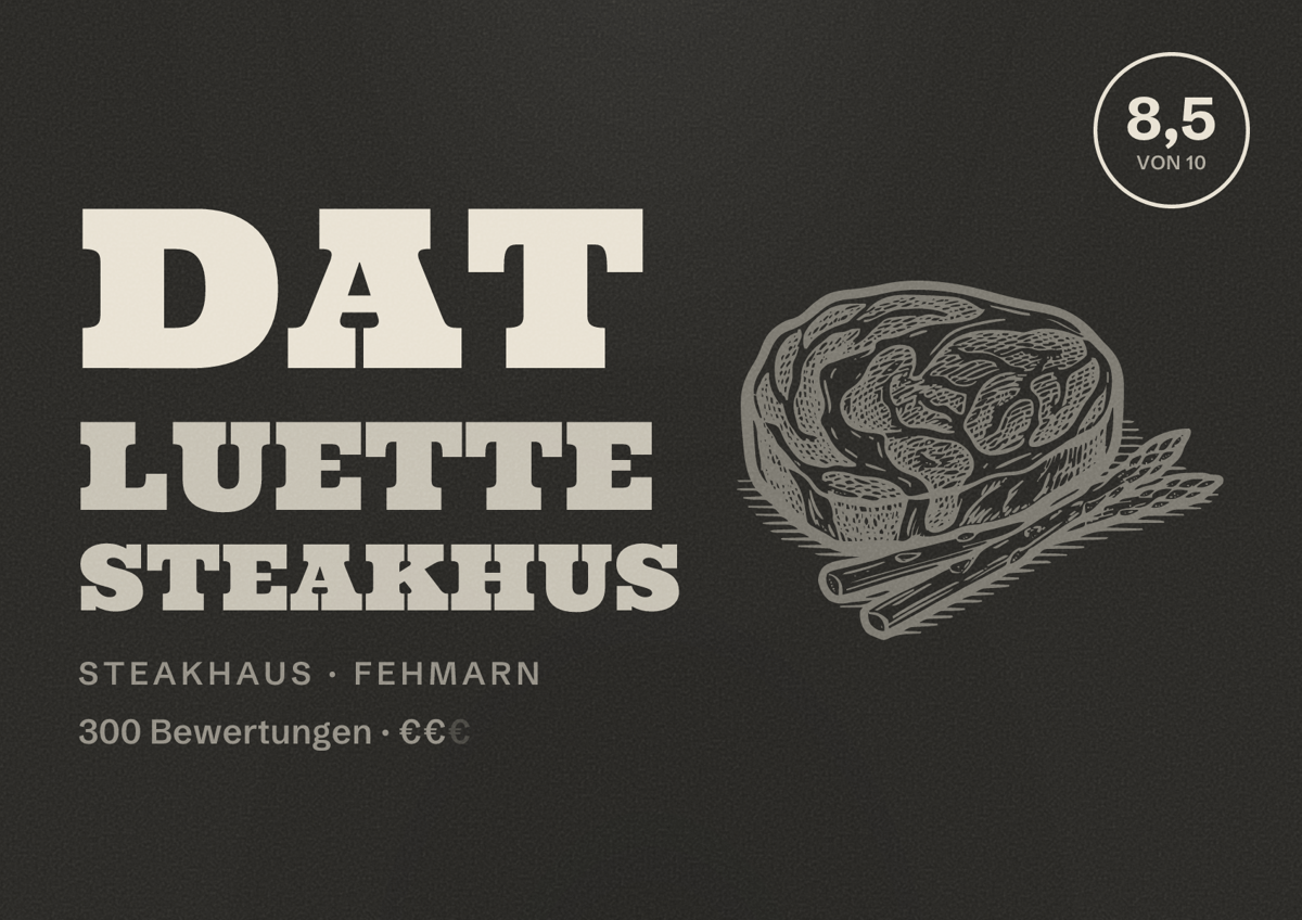 Illustriertes Poster von Dat Luette Steakhus, Steakhaus in Fehmarn: Bewertung 8,5 von 10 aus 300 Bewertungen, Preisniveau €€