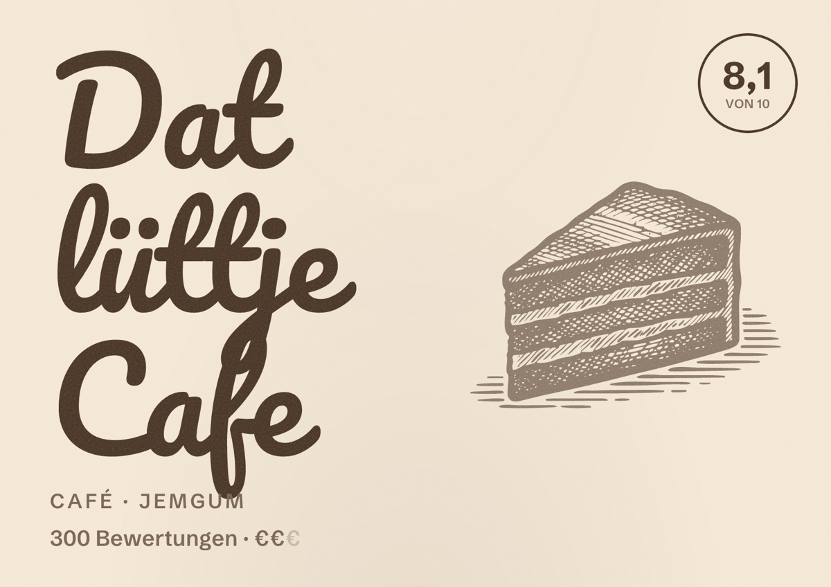 Illustriertes Poster von Dat lüttje Cafe, Café in Jemgum: Bewertung 8,1 von 10 aus 300 Bewertungen, Preisniveau €€