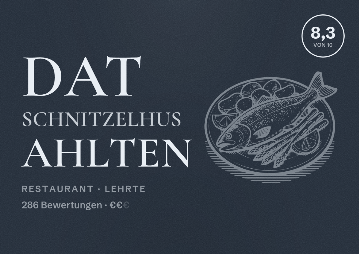Illustriertes Poster von Dat Schnitzelhus Ahlten, Restaurant in Lehrte: Bewertung 8,3 von 10 aus 286 Bewertungen, Preisniveau €€