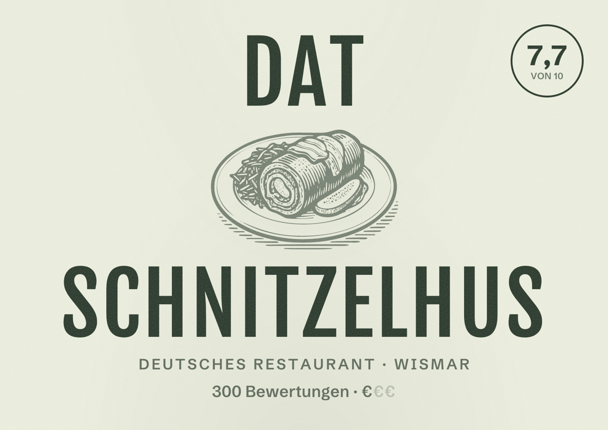 Illustriertes Poster von Dat Schnitzelhus, Deutsches Restaurant in Wismar: Bewertung 7,7 von 10 aus 300 Bewertungen, Preisniveau €