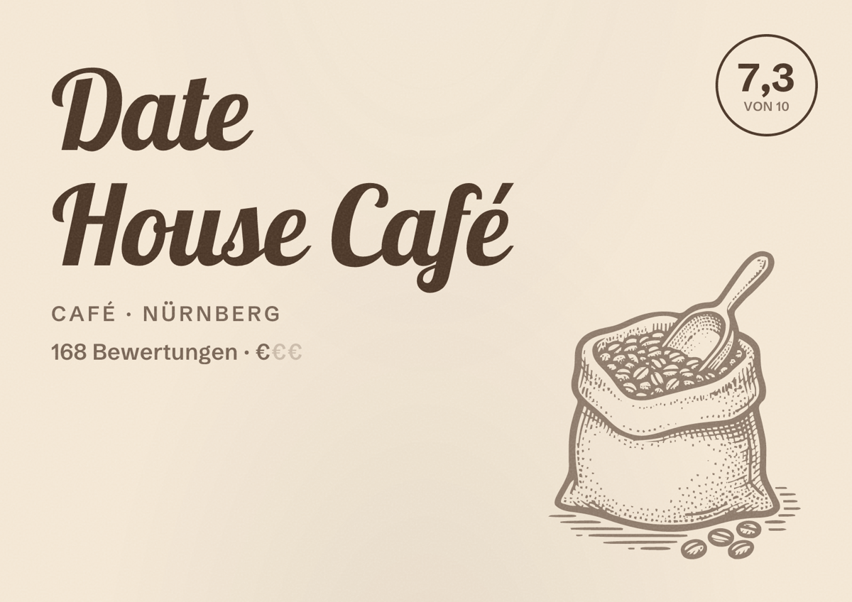 Illustriertes Poster von Date House Café, Café in Nürnberg: Bewertung 7,3 von 10 aus 168 Bewertungen, Preisniveau €