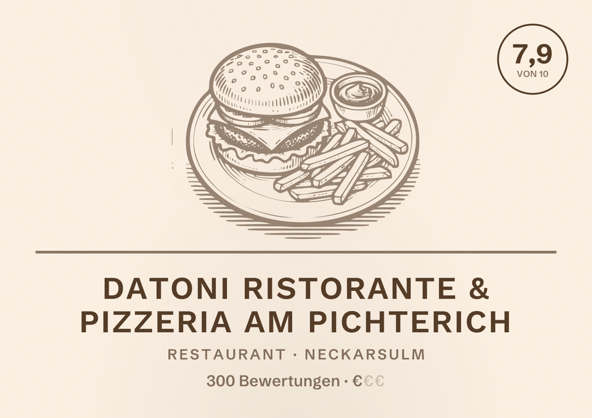 Illustriertes Poster von Datoni Ristorante & Pizzeria am Pichterich, Restaurant in Neckarsulm: Bewertung 7,9 von 10 aus 300 Bewertungen, Preisniveau €