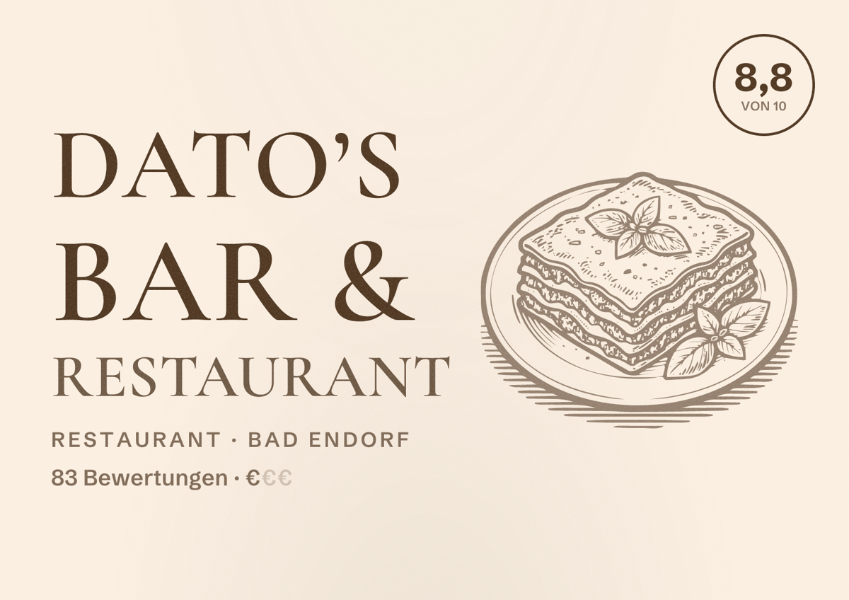 Illustriertes Poster von DATO’S Bar & Restaurant, Restaurant in Bad Endorf: Bewertung 8,8 von 10 aus 83 Bewertungen, Preisniveau €